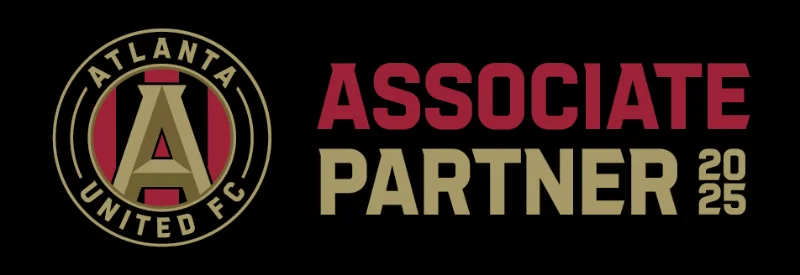 Atlanta United FC logo on the left. Text on the right reads "ASSOCIATE PARTNER 2025" in bold red and gold letters on a black background.