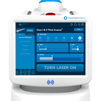Solea laser system touchscreen panel showing user interface for dental treatment settings.